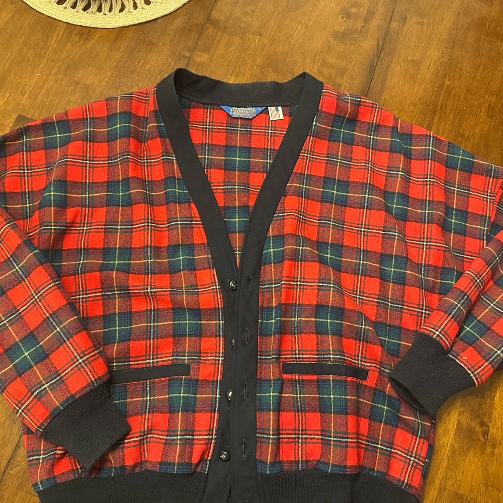 Vintage Wool Pendleton Red and Navy Plaid Cardigan